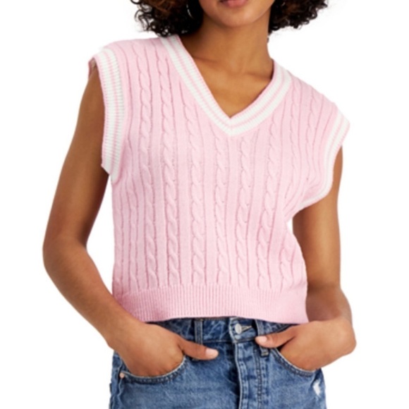 NWT Sugar Moon Pink Knit V Neck Vest White Trim Pullover Extra Small Stretchy - Picture 1 of 9